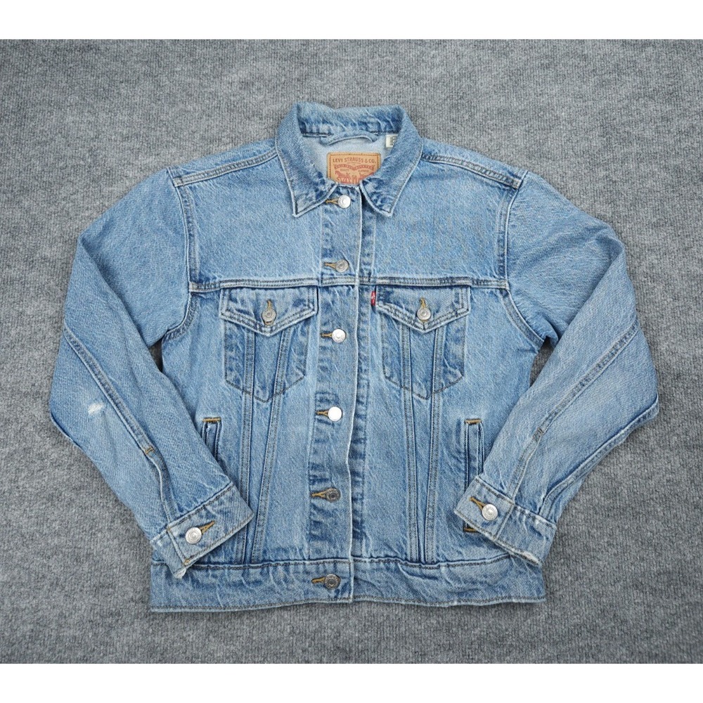 Levis Jean Jacket Women's XS Blue Denim Distressed Classic Biker 100% Cotton